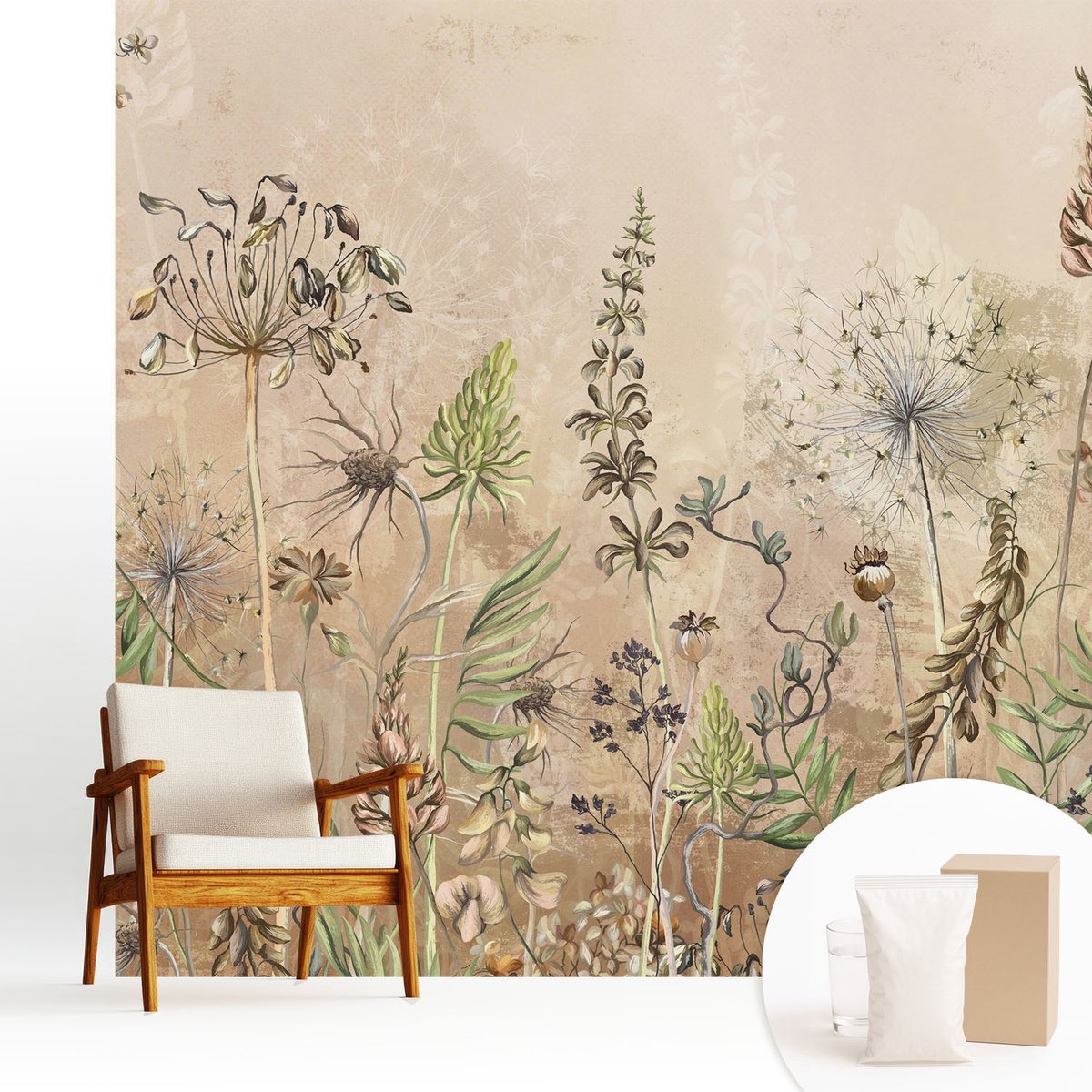 Wallfluent Fotobehang - Beige Vliesbehang - 250x250 cm - Rustieke Bloemen Fotobehang Vlies - Woonkamer behang Bloemen En Planten - Muurschildering - Woonkamer behang