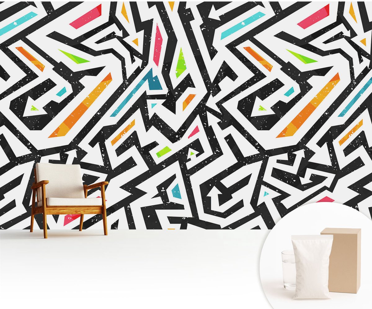 Wallfluent Fotobehang - Zwart Vliesbehang - 416x254 cm - Abstracte Mozaïek Fotobehang Vlies - Woonkamer behang Geometrie - Muurschildering - Woonkamer behang