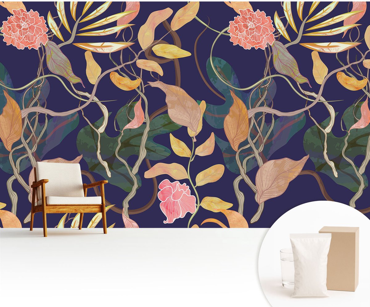 Wallfluent Fotobehang - Wit Vliesbehang - 416x254 cm - Plantaardige Elegantie Fotobehang Vlies - Woonkamer behang Bloemen En Planten - Muurschildering - Woonkamer behang
