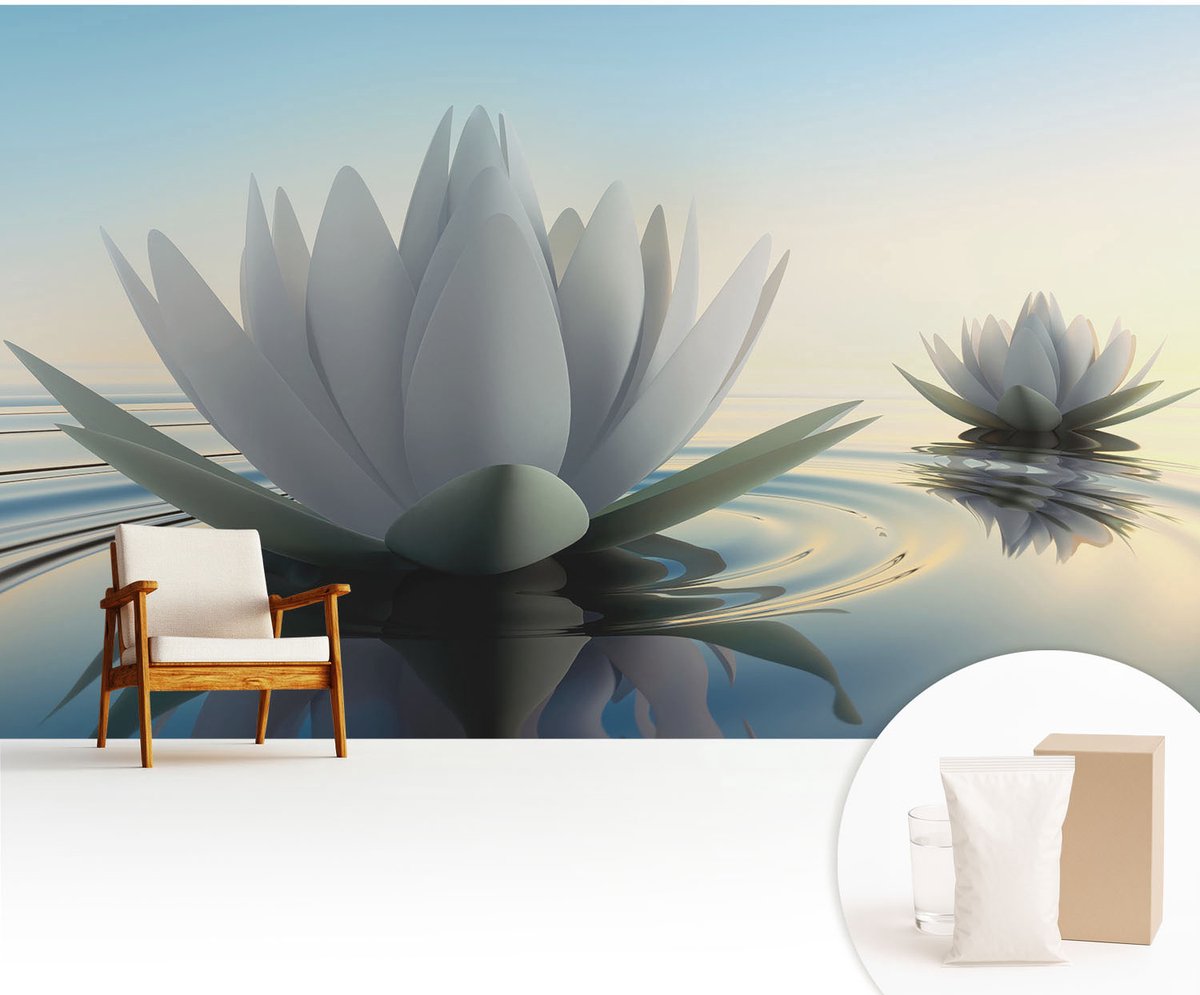 Wallfluent Fotobehang - Wit Vliesbehang - 416x254 cm - Waterlelies Fotobehang Vlies - Hal behang Bloemen En Planten - Muurschildering - Hal behang