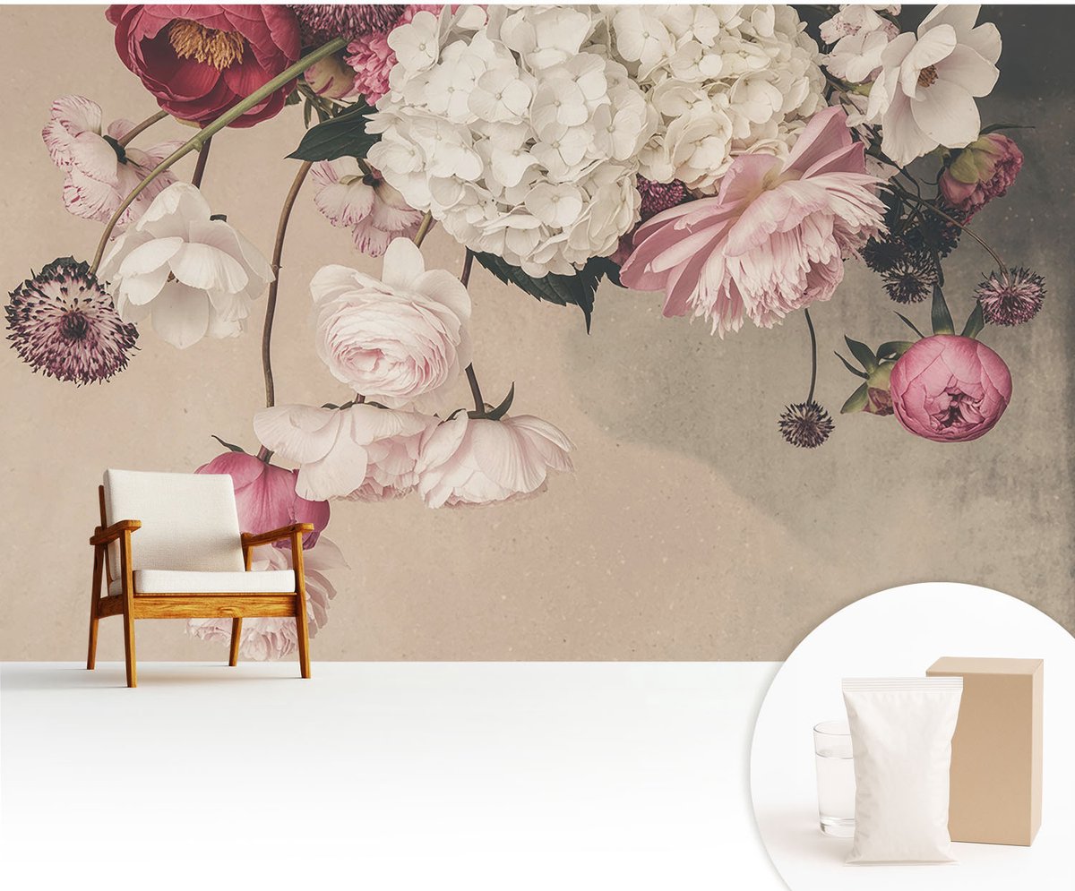 Wallfluent Fotobehang - Wit Vliesbehang - 416x254 cm - Romantische Bloemen Fotobehang Vlies - Woonkamer behang Bloemen En Planten - Muurschildering - Hal behang