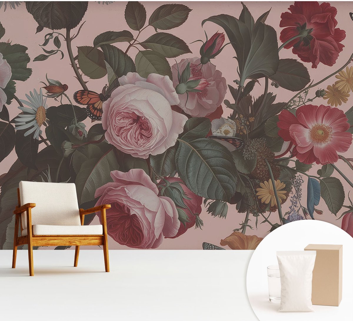 Wallfluent Fotobehang - Roze Vliesbehang - 312x219 cm - Bloemige Elegantie Fotobehang Vlies - Woonkamer behang Bloemen En Planten - Muurschildering - Hal behang