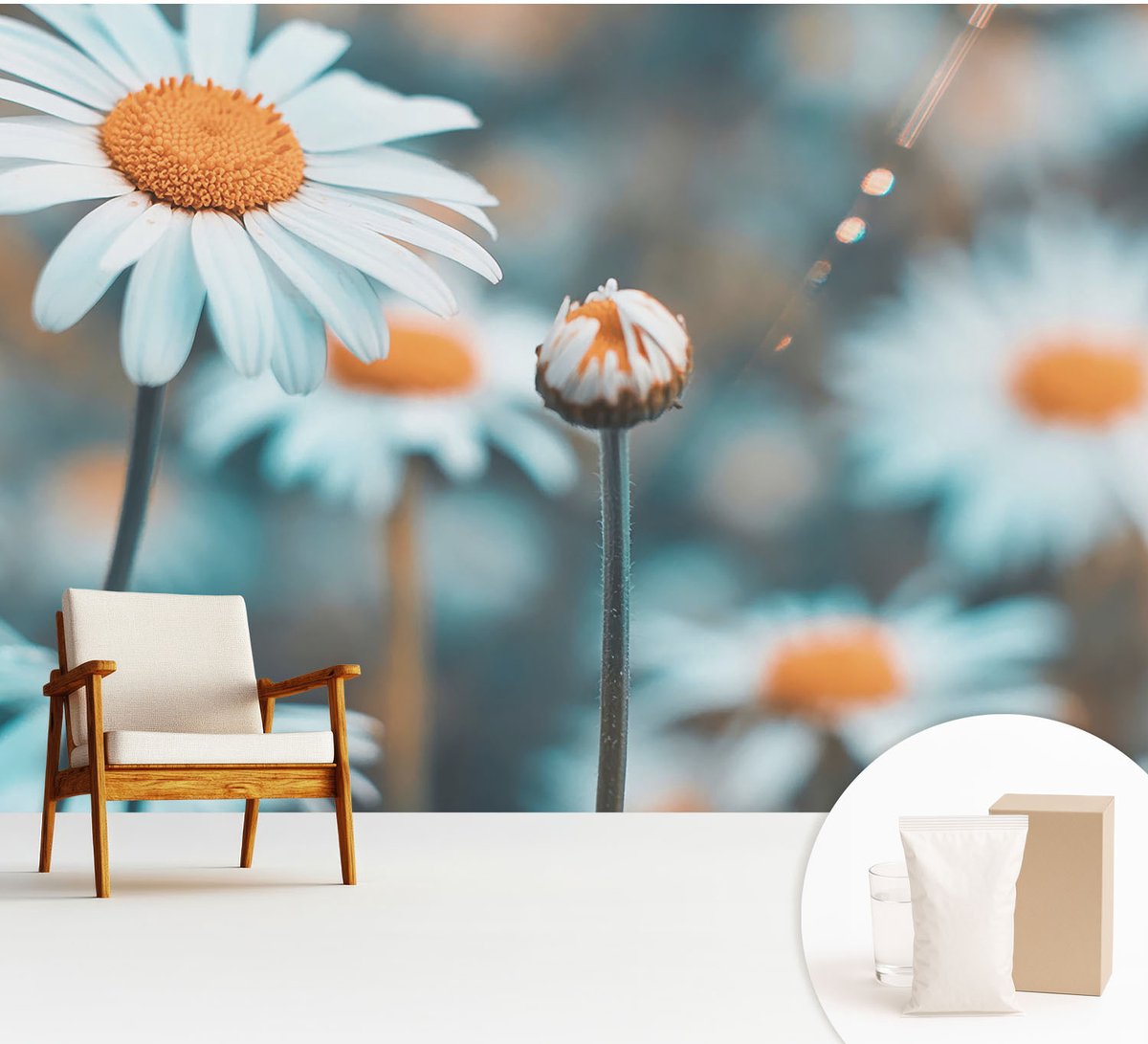 Wallfluent Fotobehang - Blauw Vliesbehang - 312x219 cm - Kamille Delicatesse Fotobehang Vlies - Hal behang Bloemen En Planten - Muurschildering - Woonkamer behang