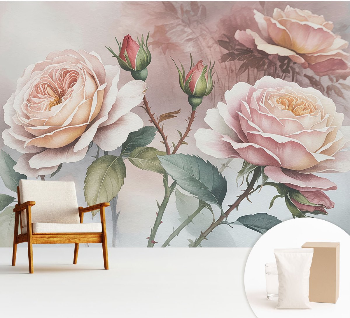 Wallfluent Fotobehang - Roze Vliesbehang - 312x219 cm - Pastel Rozen Fotobehang Vlies - Woonkamer behang Bloemen En Planten - Muurschildering - Woonkamer behang