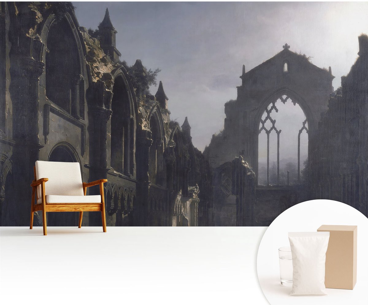 Wallfluent Fotobehang - Grijs Vliesbehang - 416x254 cm - Gotische Ruïnes Muurschildering - Slaapkamer behang Architectuur - Fotobehang Vlies - Gang behang