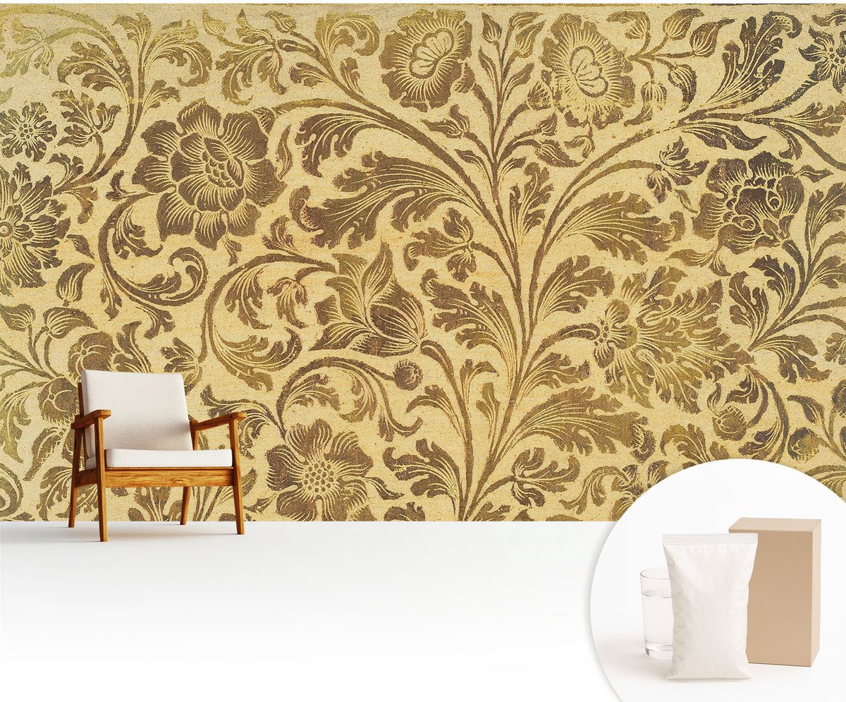Wallfluent Fotobehang - Geel Vliesbehang - 416x254 cm - Bloemenpatroon Fotobehang Vlies - Hal behang Achtergronden En Patronen - Muurschildering - Woonkamer behang