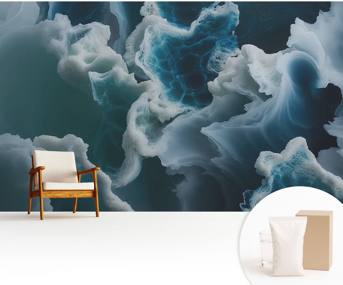 Wallfluent Fotobehang - Blauw Vliesbehang - 416x254 cm - Zeegolven Fotobehang Vlies - Hal behang Abstractie - Muurschildering - Hal behang