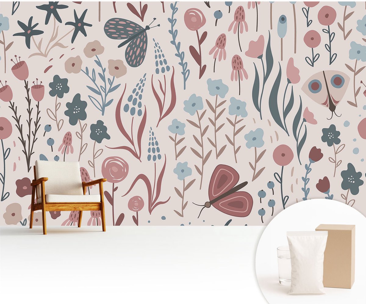 Wallfluent Fotobehang - Roze Vliesbehang - 416x254 cm - Bloemen En Insecten Fotobehang Vlies - Woonkamer behang Bloemen En Planten - Muurschildering - Woonkamer behang