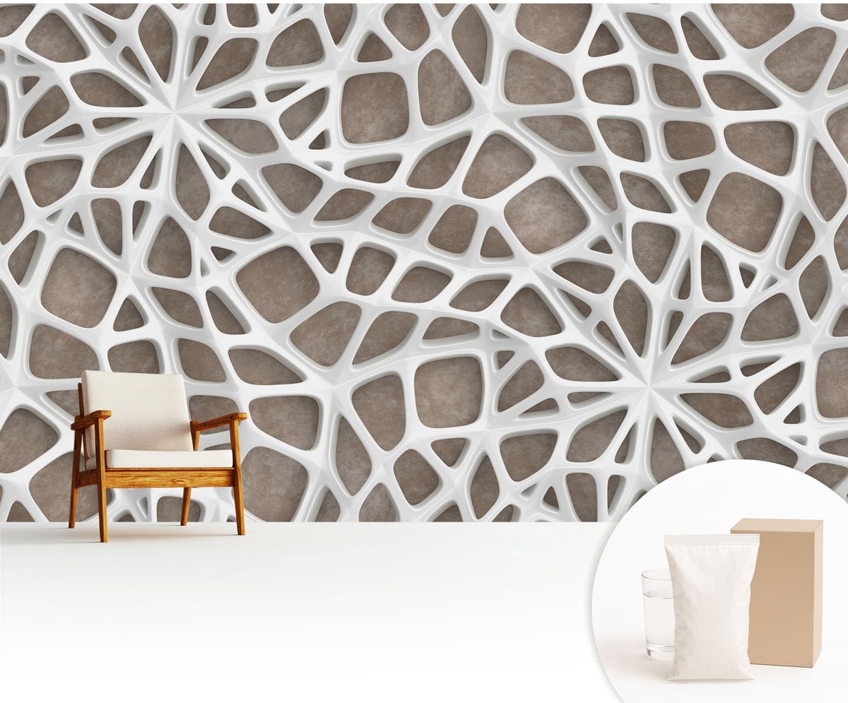 Wallfluent Fotobehang - Wit Vliesbehang - 416x254 cm - Kanten Net Muurschildering - Slaapkamer behang Geometrie - Fotobehang Vlies - Gang behang