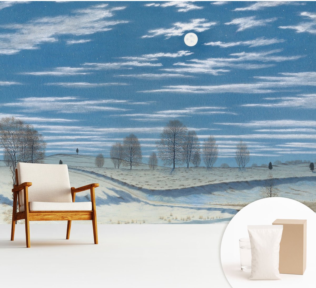 Wallfluent Fotobehang - Blauw Vliesbehang - 312x219 cm - Winterlandschap Fotobehang Vlies - Woonkamer behang Landschappen - Muurschildering - Woonkamer behang