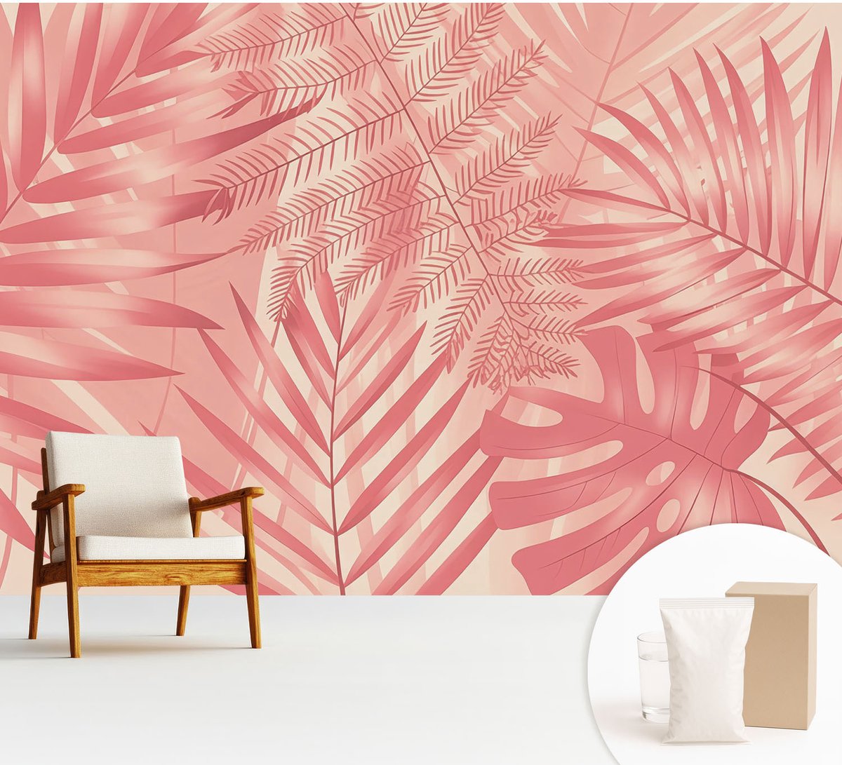 Wallfluent Fotobehang - Roze Vliesbehang - 312x219 cm - Tropische Bladeren Muurschildering - Gang behang Bloemen En Planten - Fotobehang Vlies - Gang behang