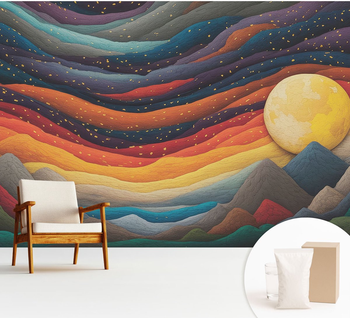 Wallfluent Fotobehang - Oranje Vliesbehang - 312x219 cm - Kleurrijke Bergen Fotobehang Vlies - Woonkamer behang Abstractie - Muurschildering - Woonkamer behang
