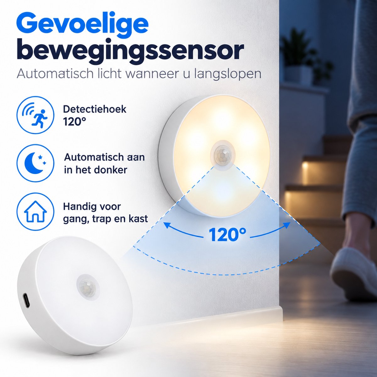 Ledverlichting - Bewegingssensor - 3 stuks - Rond - Draadloos - Oplaadbaar - USB C - Nachtlamp - Warm licht - Sensor - Kastverlichting - Trapverlichting - Nachtlampje — cadeau in Wonen & Interieur - foto 3