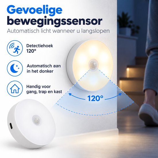 Ledverlichting - Bewegingssensor - 3 stuks - Rond - Draadloos - Oplaadbaar - USB C - Nachtlamp - Warm licht - Sensor - Kastverlichting - Trapverlichting - Nachtlampje van Bobypet — afbeelding 3