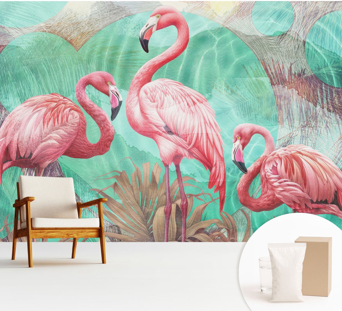 Wallfluent Fotobehang - Roze Vliesbehang - 312x219 cm - Exotische Vogels Fotobehang Vlies - Woonkamer behang Dieren - Muurschildering - Woonkamer behang