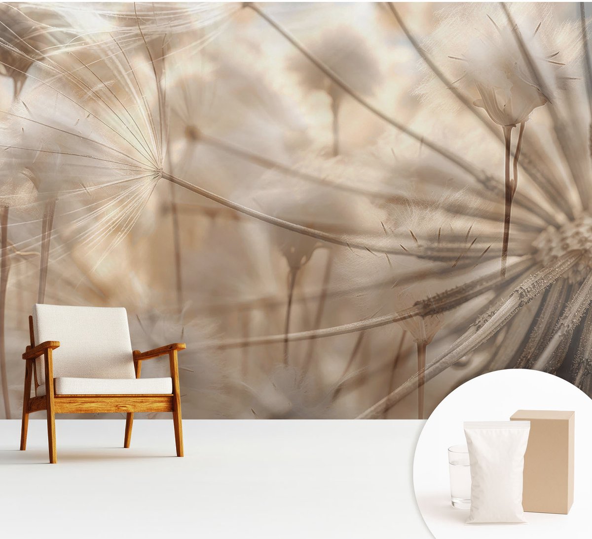Wallfluent Fotobehang - Beige Vliesbehang - 312x219 cm - Subtiele Paardenbloemen Muurschildering - Gang behang Bloemen En Planten - Fotobehang Vlies - Gang behang
