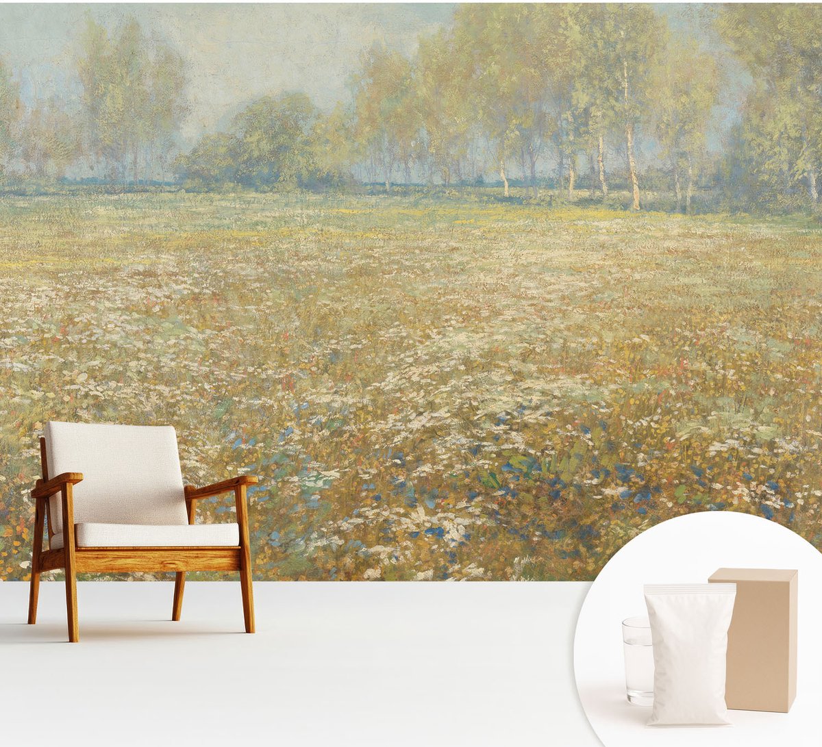 Wallfluent Fotobehang - Groente Vliesbehang - 312x219 cm - Bloeiend Veld Fotobehang Vlies - Woonkamer behang Landschappen - Muurschildering - Woonkamer behang
