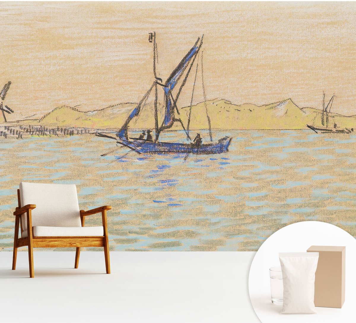 Wallfluent Fotobehang - Beige Vliesbehang - 312x219 cm - Zee Van Vrede Muurschildering - Slaapkamer behang Landschappen - Fotobehang Vlies - Slaapkamer behang