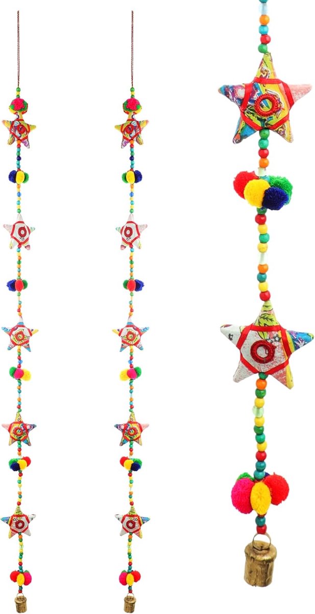 Set of 2 Door Hanging Colorful Decorative Indian Door Hanging 5 Fabric Star String for Festival Traditional New Year - ShopVlot