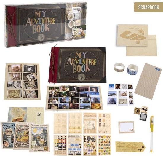 Set de scrapbooking complet Disney Là-haut incluant album, cartes, autocollants, tampons, rubans et stylo.