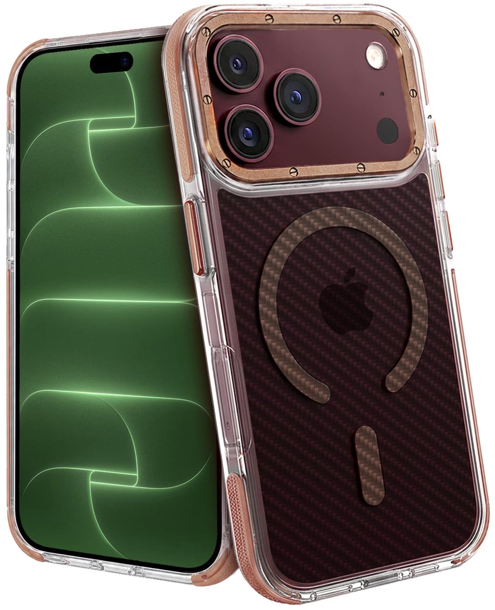 Hoesje Geschikt voor Apple iPhone 18 Pro Max - Magsafe Compatible - Carbon Look - Sterk & Shockproof - Back Cover - Shock Proof Case - Telefoon Hoes Shockproof - Bruin