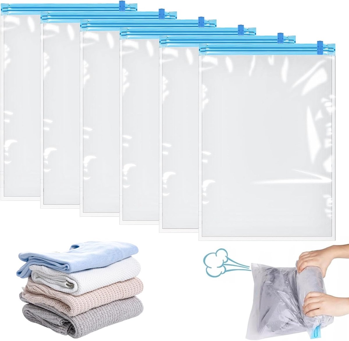 SnelShoppen - 6 Stuks Oprolbare Compressiezakken 60x40 cm - Hand Roll Vacuum Bags - Ruimtebesparend, Herbruikbaar, Ideaal voor Reizen, Koffers, Dekens