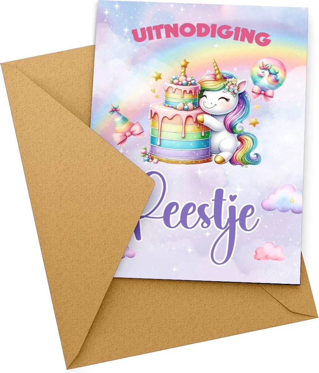 SnelShoppen - Kleurmedia Uitnodiging Kinderfeestje Unicorn - 10x Kaarten met Envelop - Beschrijfbare Verjaardagskaarten - Roze Thema voor Meisjes - Fa