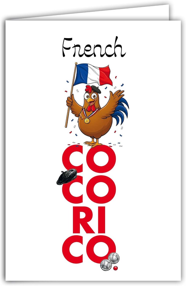 69-4504 Franse kaart Cocorico Coq Trotse Winnaar Vlag Blauw Wit Rood Baret Petanque Franse Clichés Humoristische Illustratie French Touch - met envelop 12 x 17 cm - Gemaakt in Frankrijk