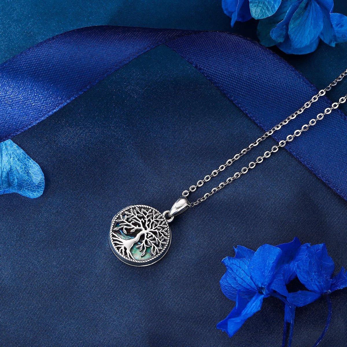 Halsketting met levensboom, dames, 925 sterling zilver, foto-afbeeldingen, medaillon, hanger, halsketting met abalone schelp, amulet sieraden, geschenken voor vrouwen, meisjes, mama, grootmoeder