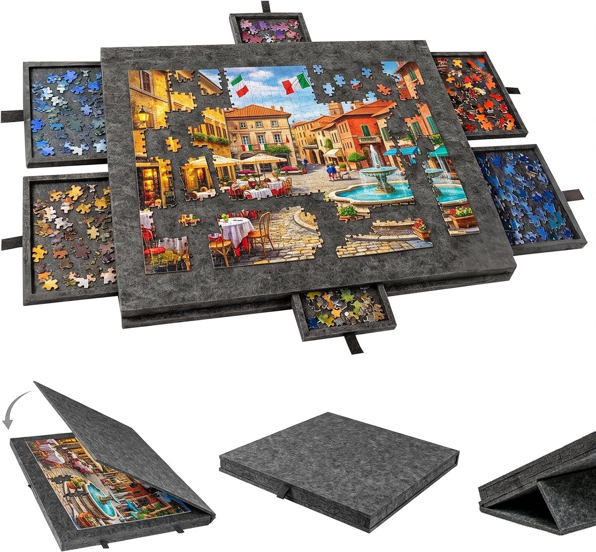 Puzzeltafel, draagbaar puzzelbord met 6 laden en standaard, afdekking voor maximaal 1000 stukjes, puzzelaccessoires, antislip vilten puzzeltafel, in hoogte verstelbare puzzelorganizer