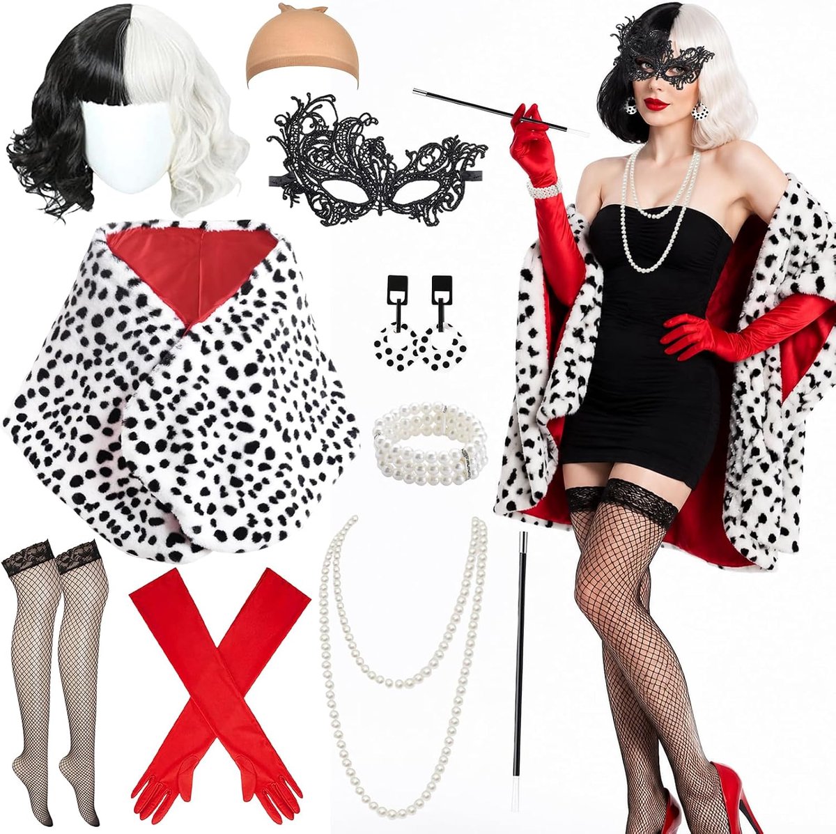 Kostuum dames, 10 stuks Cruella kostuum dames duivelskostuum