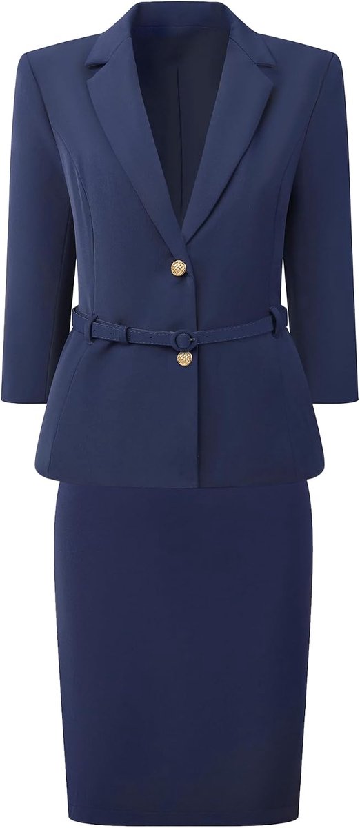 2-delige blazer voor dames met 3/4 mouwen, riem en kokerrok, revers- businesspak, tweedelig