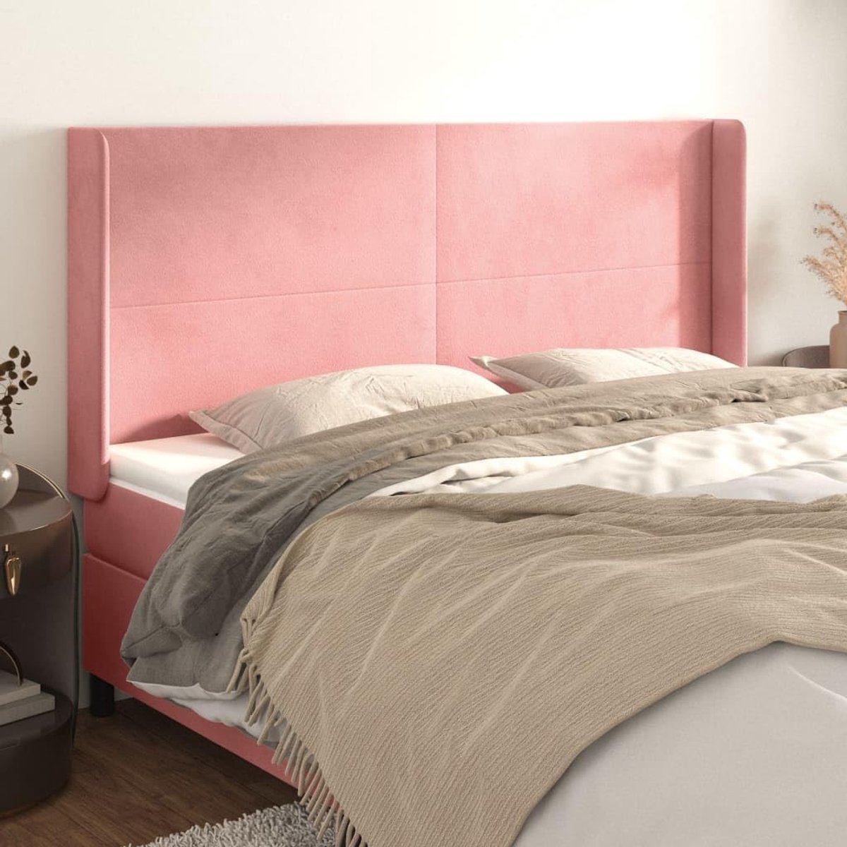 Hoofdbord met oren, roze, 183 x 16 x 118/128 cm, fluweel, voor de slaapkamer, hotel, hoofdeinde, werkkamer, voor slaapkamer, tweede slaapkamer, hotel