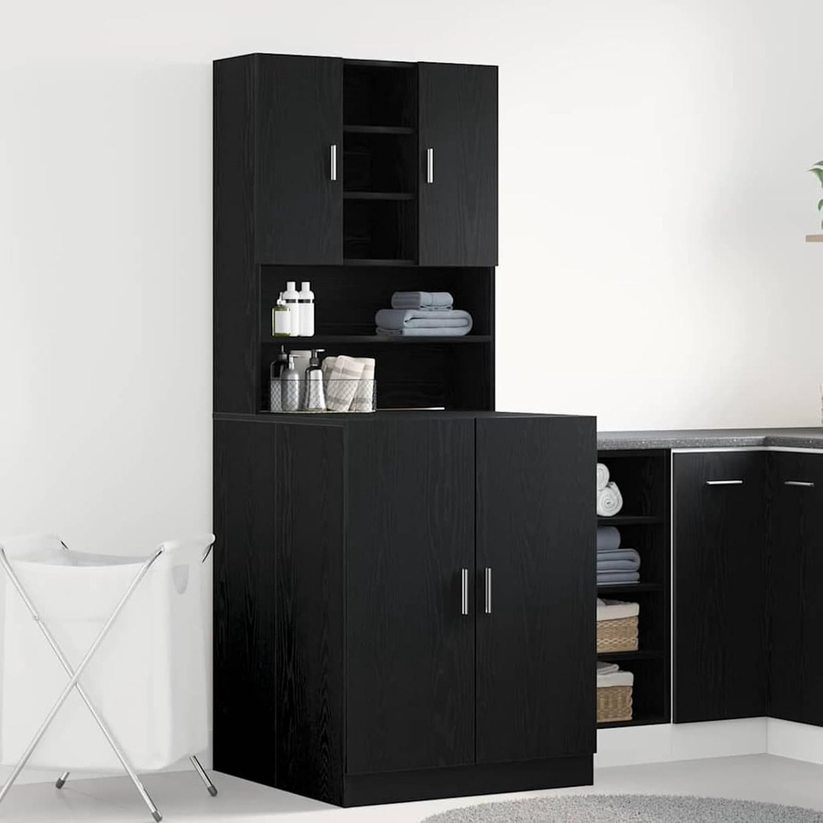 Set van 2, zwart, eikenlook, houtmateriaal, 70,5 x 71,5 x 181,5 cm, voor kleine wasruimtes