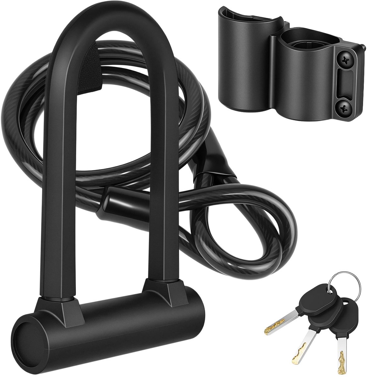 Nutrella - Fietsslot - Fietsdiefstalbeveiliging - Robuuste 17 mm D-vormige antidiefstalbeveiliging -Stalen kabel - Sleutelmontagebeugel - 20 cm - Zwart
