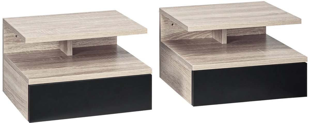 UrbanSelect Nachtkastje - Wandnachtkastje - Set van 2 - Lade & Open vak - Draagvermogen Ca. 8 kg - Wandmontage - 35 x 32 x 22.5 cm