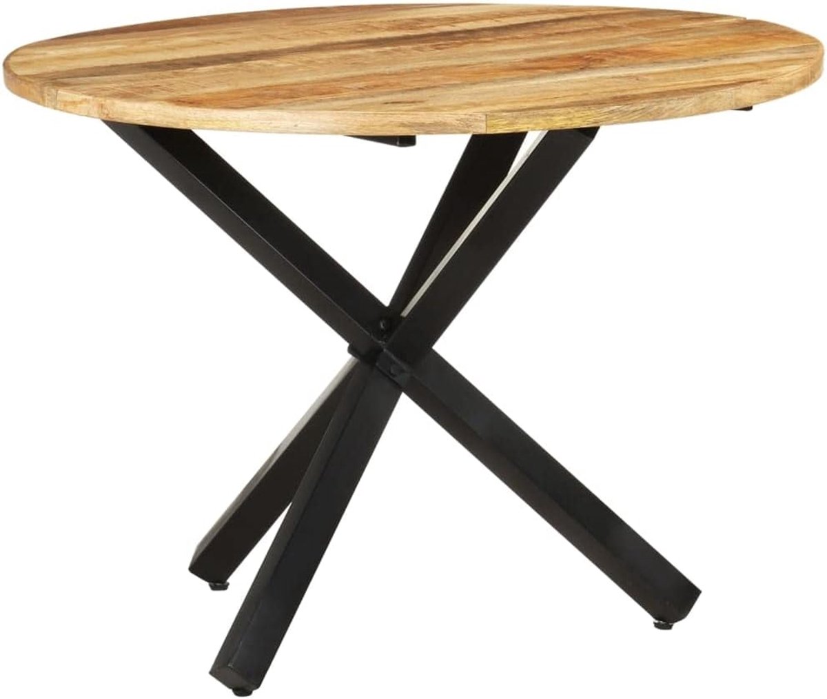 Tafel rustieke eettafel rond 100x100x75 cm van ruw mangohout met gepoedercoate stalen poten voor stabiel en duurzaam gebruik in de eetkamer