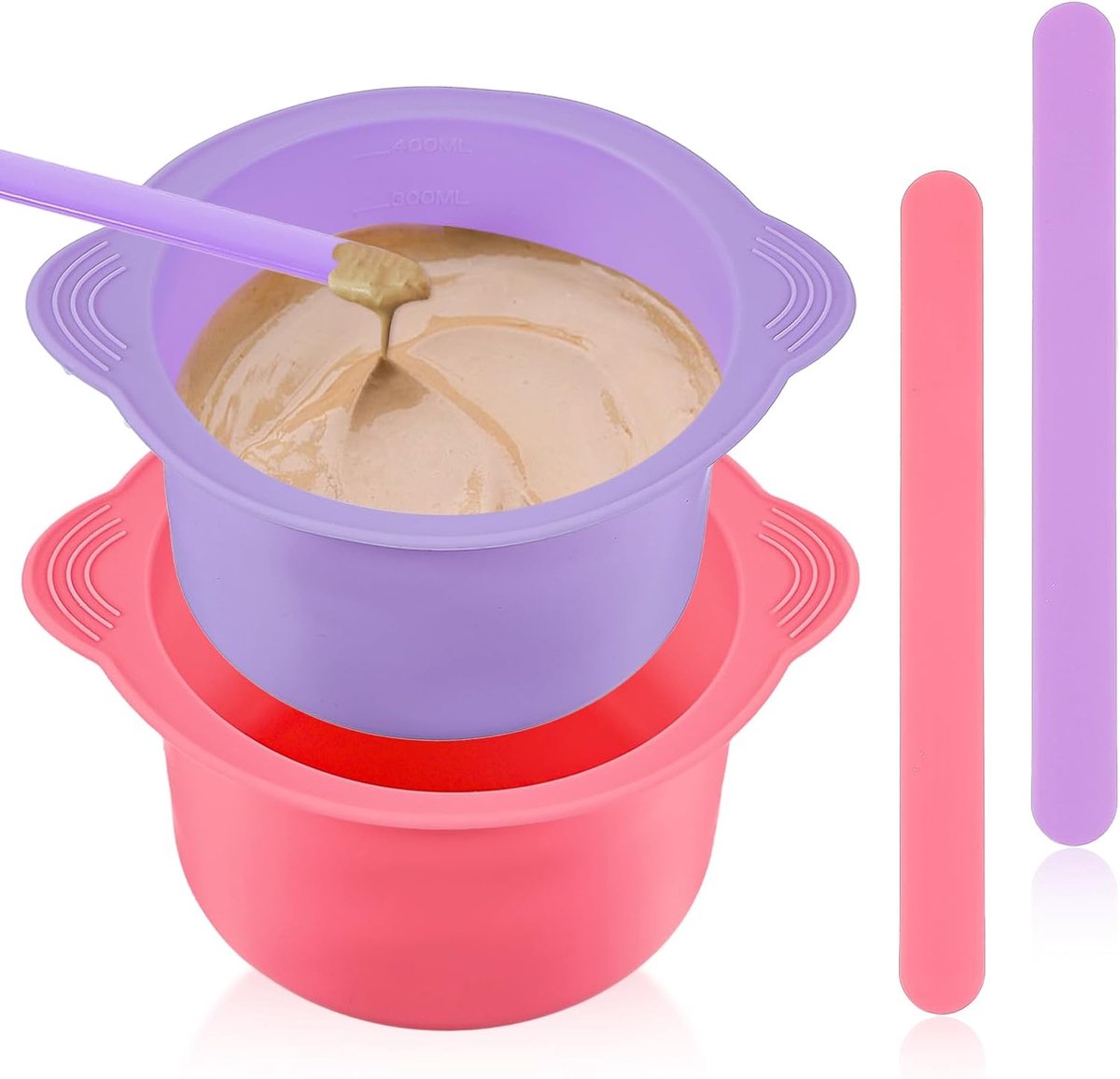 2 stuks siliconen wasverwarmer, liner smeltwarmer, potschaal, vervanging, herbruikbaar, gemakkelijk te reinigen, anti-aanbaklaag applicator met 2 stuks waspatels, staafjes voor ontharing (lila