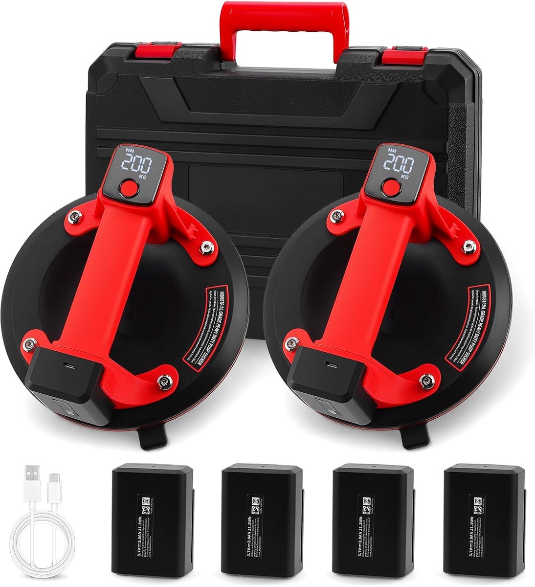Set van 2 stuks 20 cm accuzuigers voor tegels, elektrische zuiger, tegelzuiger, accu's, glaszuiger met 4 x 2400 mAh batterijen, lcd-display, draagkracht max. 200 kg