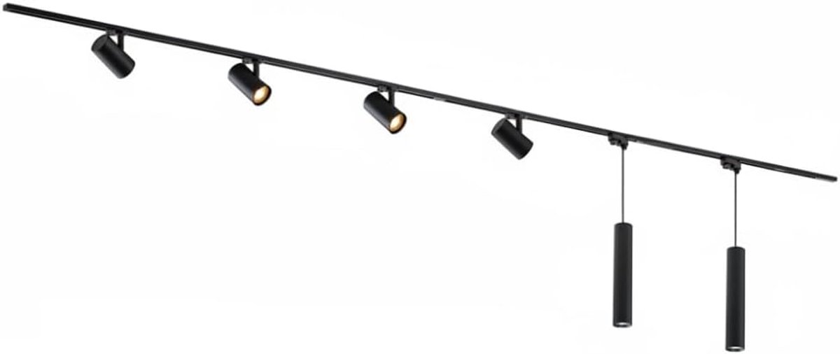 1-Fase Railverlichting - GU10 – 600cm – I-vorm - 4 Viror Mesh spots - 2 Hanglampen - Railsysteem – Zwart