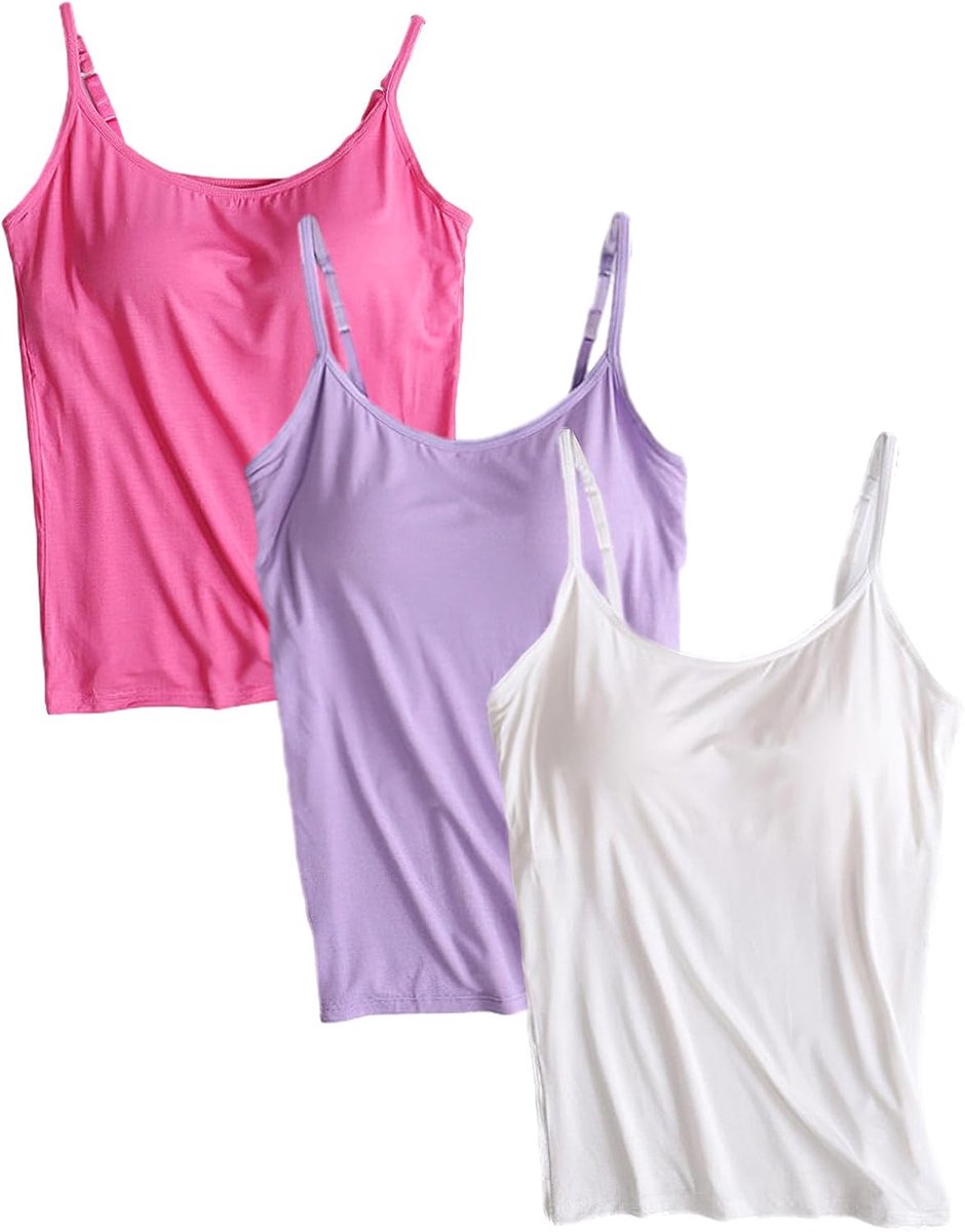 3 Stuks Basic Camisole Verstelbare Bandjes Vest Tanktops met Ingebouwde Beugelbeha Stretch Onderhemden (S-4XL)
