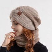 Kaki, Tweekleurige Wintermuts Dames Plus Fleece Sjaal Tweedelige Gebreide Muts, Wollen Muts Voor Dames, Winter Pluche Warme Muts
