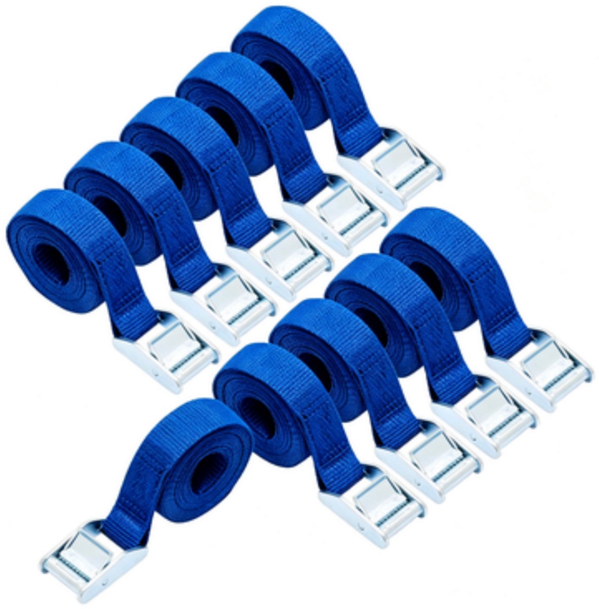 Spanbanden – 2,5 m lang, 25 mm breed – Draagvermogen 150 kg – Set van 10 – Banden met klemgesp van zinklegering voor ladingzekering – Blauw