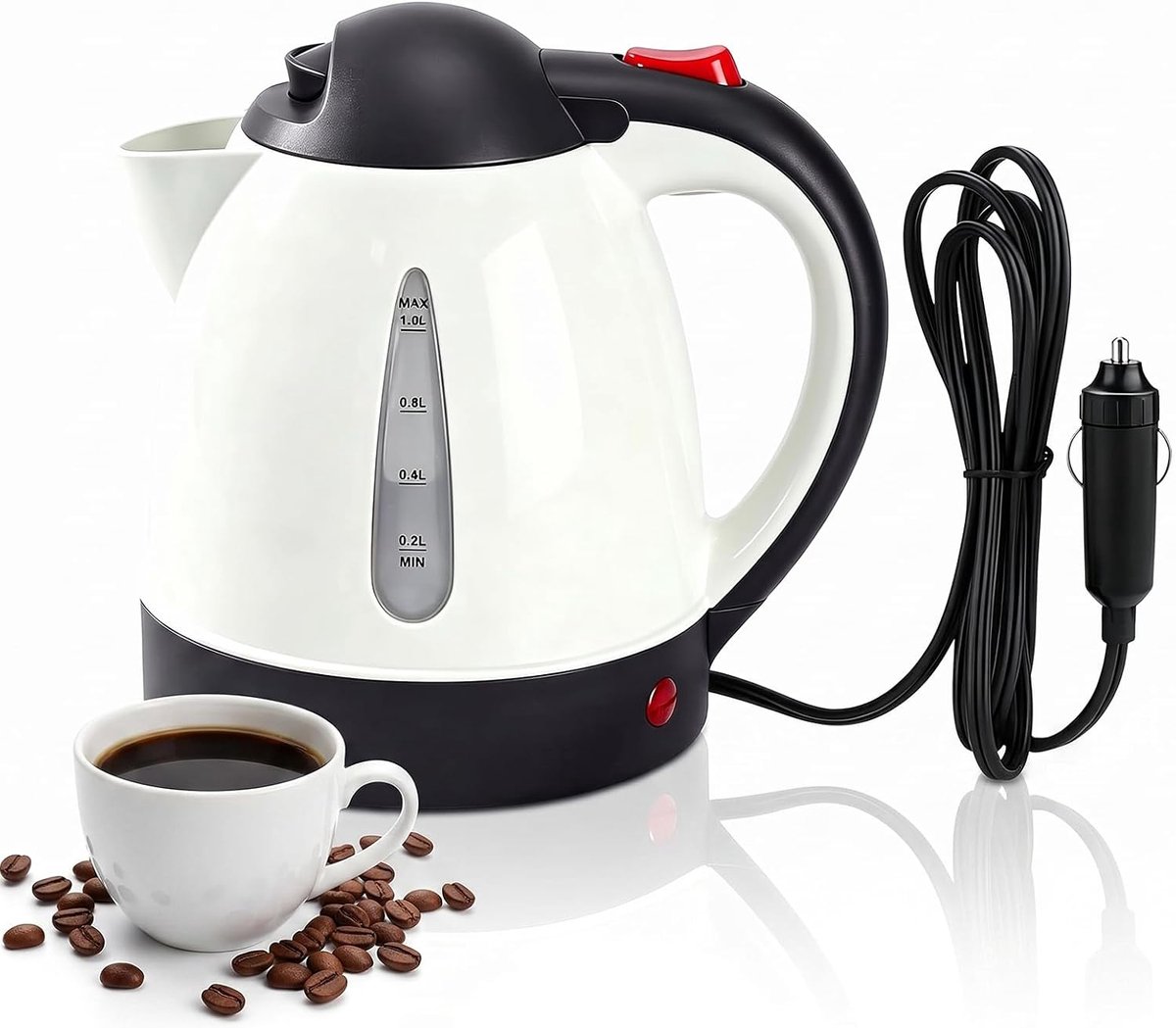 1 liter, draagbare reiskoker, draagbare 12 V waterkoker voor auto, reizen, camping, met automatische uitschakeling, reiswaterkoker voor thee en koffiebereiding (beige)