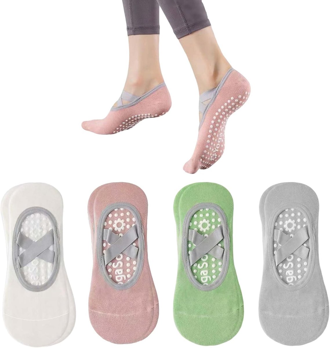 Sokken dames antislip 4 paar – Pilates sokken met kruisband – Ademend katoen – Maat 36-41 – Beige/Roze/Groen/Grijs – Voor yoga, dans en training