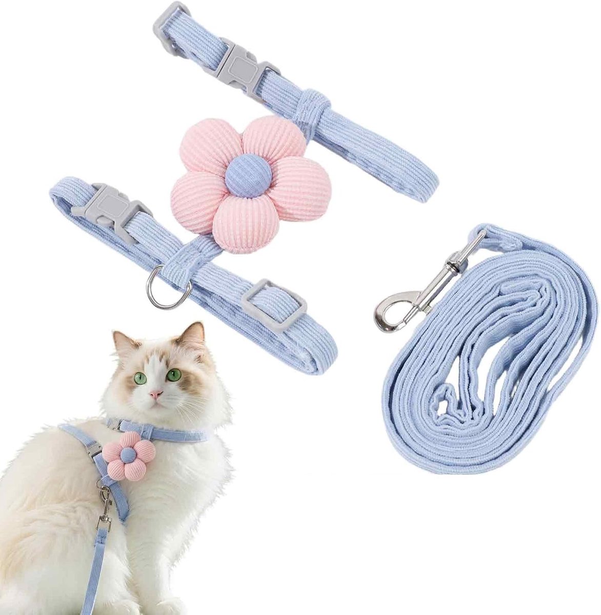 Kattenveiligheidsvest met riem van 150 cm, harnas voor kleine katten en kittens, vest van zacht mesh, ademend en reflecterend, verstelbaar en comfortabel voor wandelingen en training