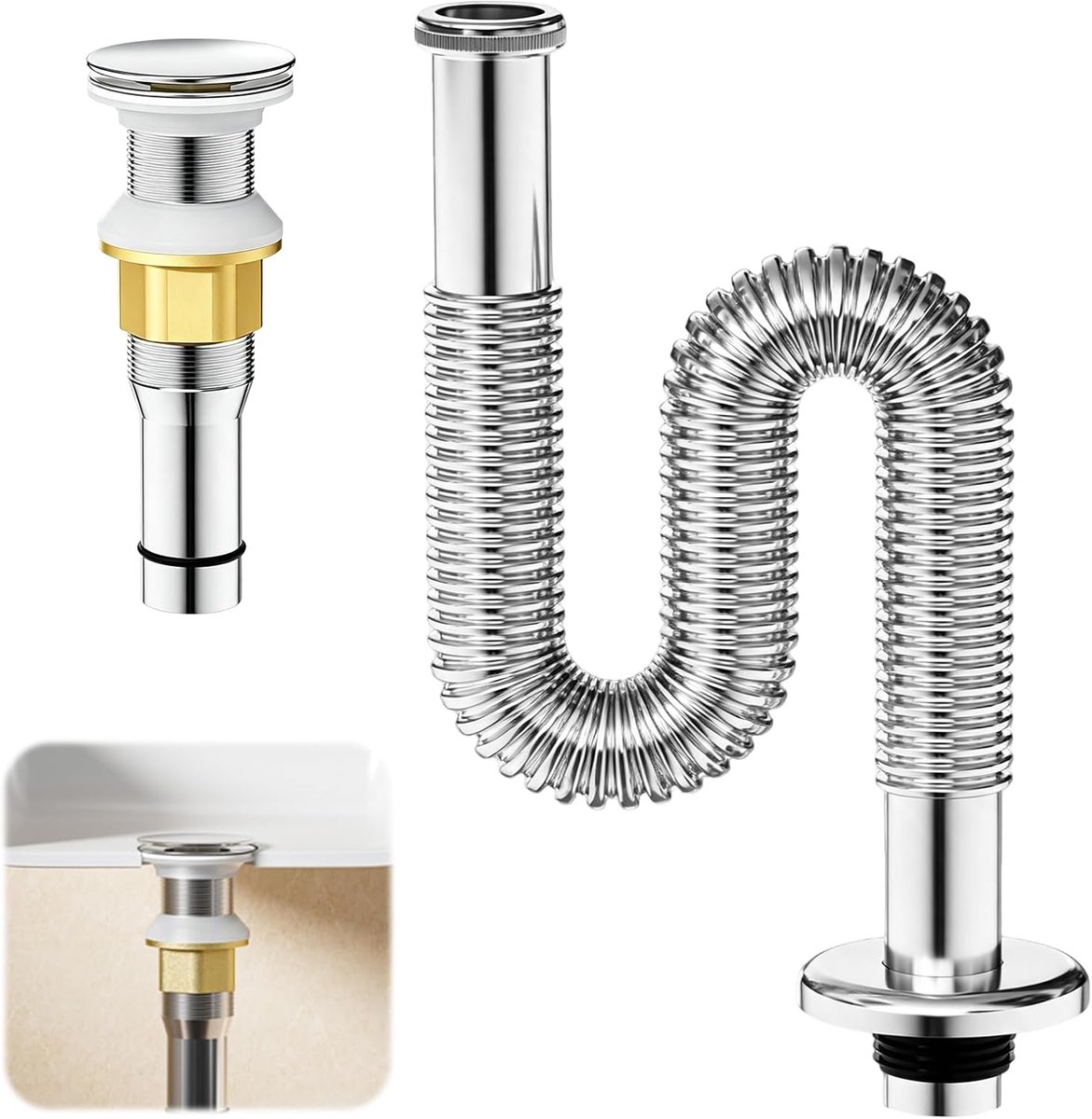 Afvoergarnituur kit met 80cm afvoerpijp, pop-up afvoerklep