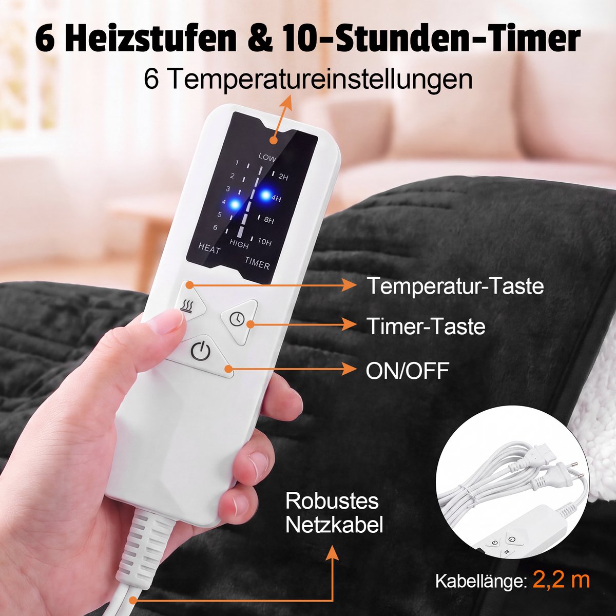 NETTLIFE-Elektrische deken van 180x130 cm - Dubbellaags flanel en lamsvacht - 6 temperatuurinstellingen - Timer van 10 uur - Wasbaar - Oververhittingsbeveiliging - Zwart - Perfect voor gebruik in bed | op de bank | op kantoor of op de camping — cadeau in Wonen & Interieur - foto 3