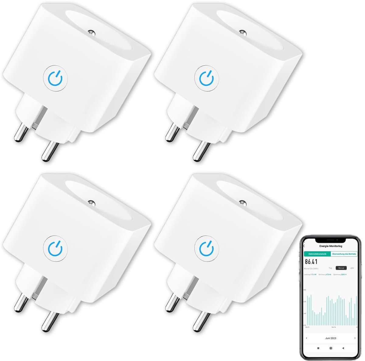 SnelShoppen - Slimme WiFi Stekker Type E, 16A, 3680W, Met Energie Monitoring, App Besturing via Google Home, 4 Stuks, Wit - Ideaal voor Thuis en Kanto