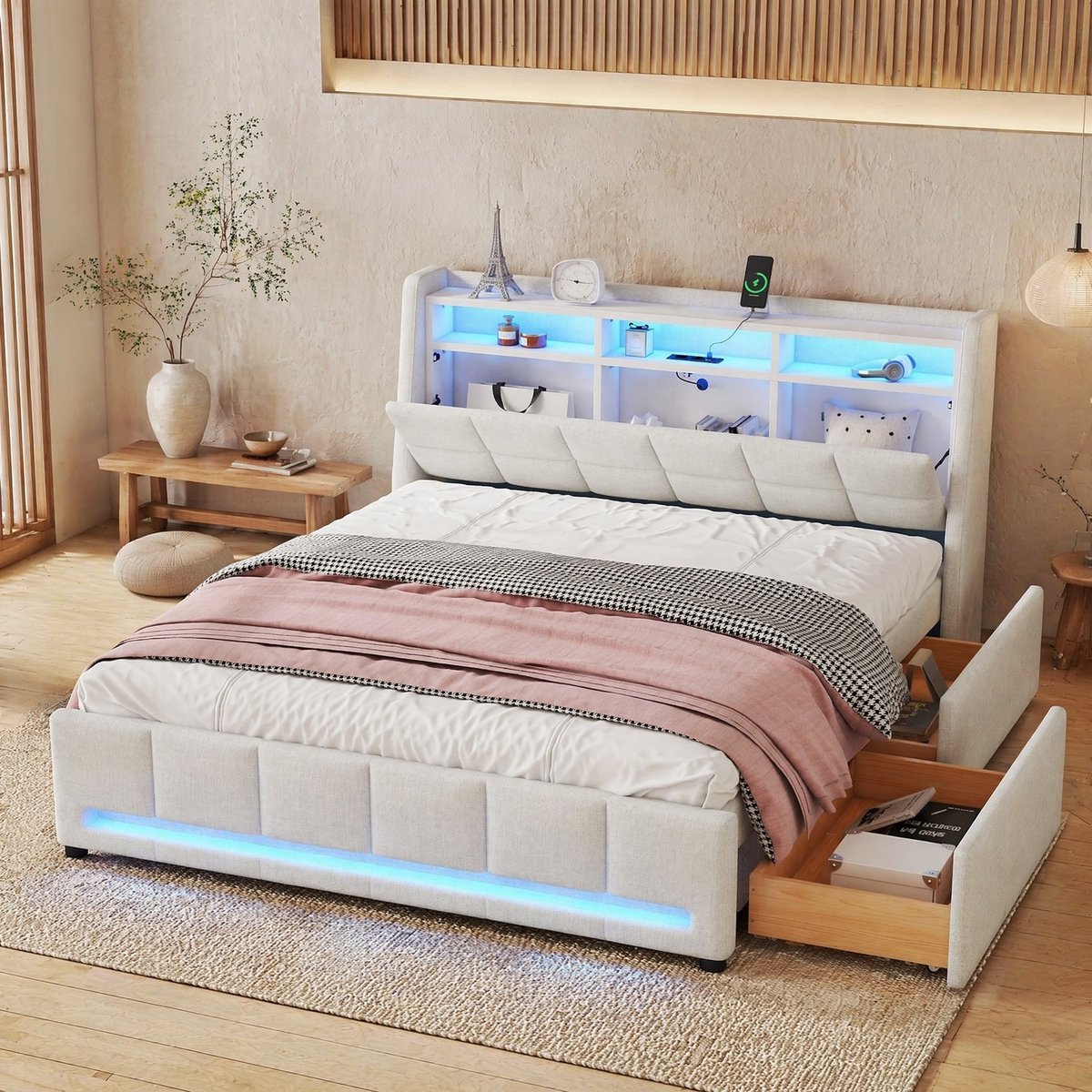 WUVRIE Gestoffeerd bed 140x200 cm met LED-verlichting, USB, stopcontacten, opbergruimte en 2 lades, beige